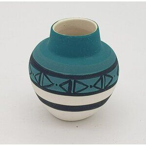 Handmade Pottery Mini Vase 2.5" Teal, Black, & White Design, unsigned